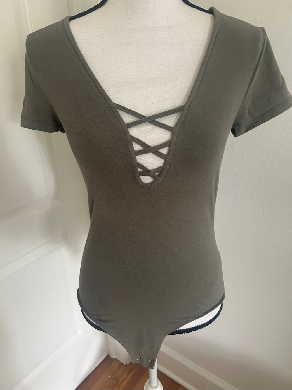 Express Olive Green Crisscross V-Neck Women’s Bodysuit